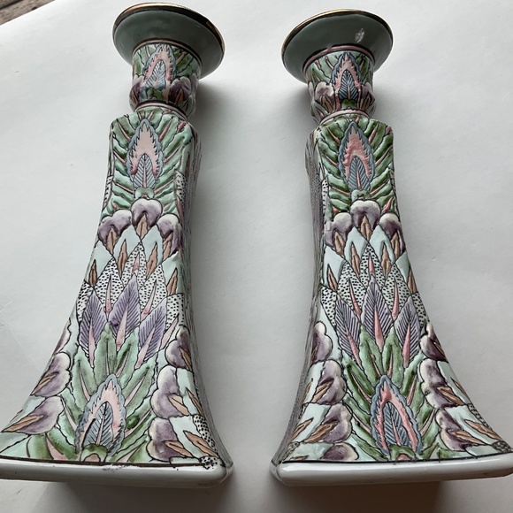 Vintage Chinoiserie Candle Holders Pastel Textured Boho Decor - One Pair… - Picture 7 of 10